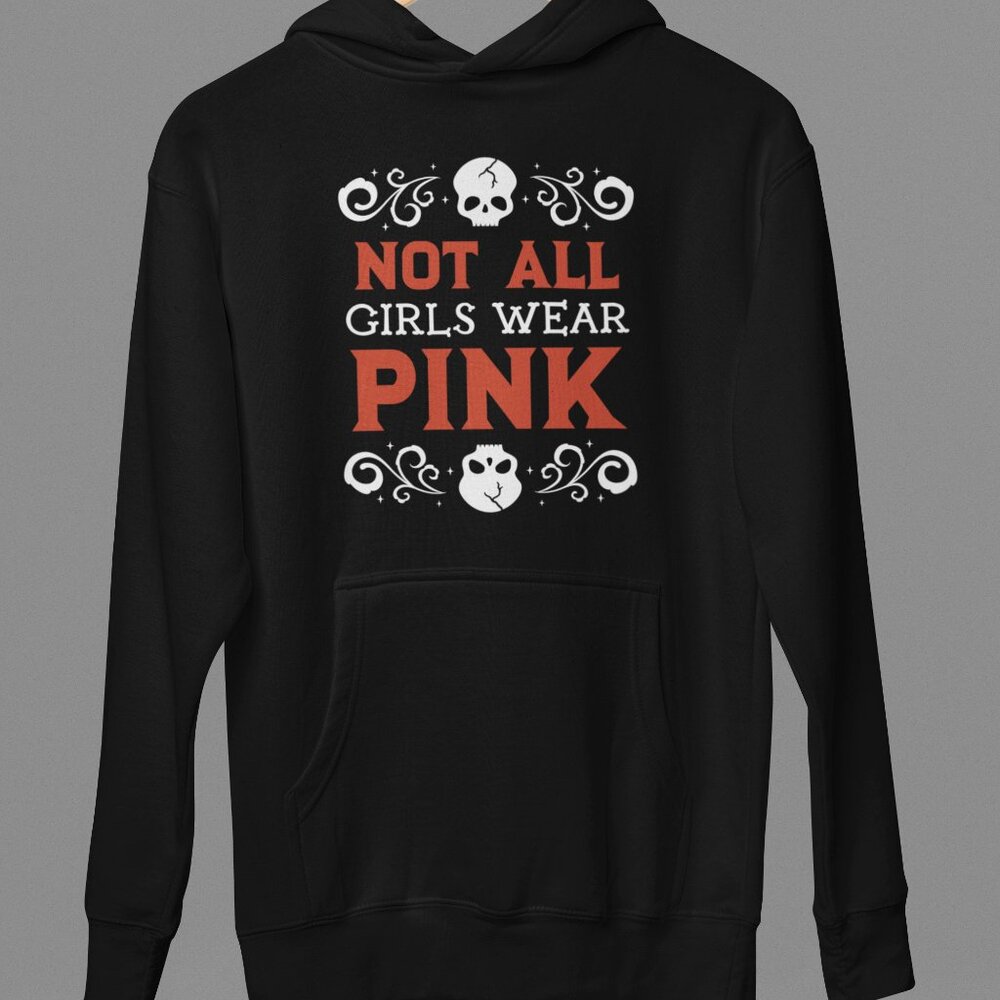 Handcrafted 'Not All Girls Wear Pink' Skull Black Cotton Hoodie Small - 3XL - Picture 2 of 3